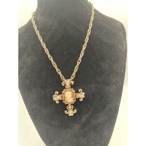 Amedeo NY QVC Italiano Cameo Crystal Rose Gold Tone Cross Statement Necklace